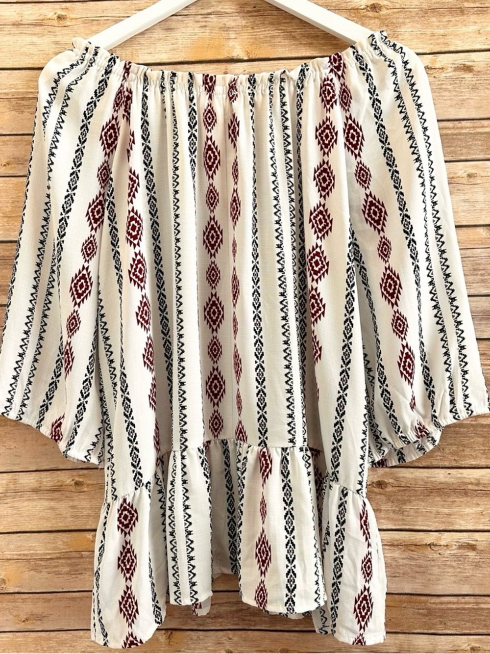 Off-Shoulder Aztec Stripe Peasant Top - Cream with Burgundy & Black